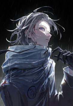 1boy absurdres aotsuki_eito black_gloves blood blood_on_clothes blood_on_face eyelashes floating_clothes front_zipper glasses gloves grey_hair hair_intakes high_collar highres jacket looking_at_viewer male_focus medium_hair parted_lips purple_eyes rain solo the_hundred_line_-last_defense_academy- upper_body voltmeter_f white_jacket