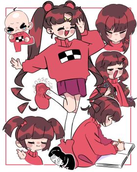 1girl ^_^ aged_down alternate_hairstyle bishoujo_senshi_sailor_moon braid brown_hair circlet closed_eyes commentary double_bun english_commentary hair_bun hair_ornament highres long_hair madotsuki multiple_views open_mouth purple_skirt red_sweater rosse_chan serial_experiments_lain short_hair short_twintails skirt smile socks standing standing_on_one_leg star_(symbol) star_hair_ornament sweater turtleneck turtleneck_sweater twin_braids twintails white_socks x_hair_ornament yume_nikki