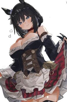 1girl animal_ears black_hair black_sleeves blue_eyes blush breasts choker cleavage closed_mouth clothes_lift commentary_request detached_sleeves eishin_flash_(meisterschaft)_(umamusume) eishin_flash_(umamusume) hair_between_eyes heart highres horse_ears horse_girl large_breasts plaid_clothes plaid_skirt red_choker red_skirt short_hair simple_background skirt smile solo the_olphy thighs umamusume white_background