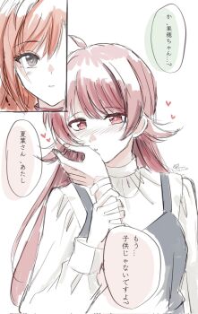 2girls arisugawa_natsuha blush commentary_request grey_eyes heart highres holding_another&#039;s_wrist idolmaster idolmaster_shiny_colors kevn kiss kissing_hand komiya_kaho long_hair multiple_girls orange_hair parted_lips red_eyes red_hair shirt speech_bubble translation_request watch white_shirt wristwatch yuri