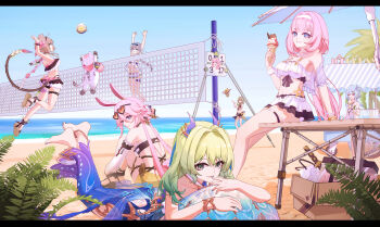 6+girls absurdres animal_ears ball beach beach_umbrella beach_volleyball bikini bikini_skirt blue_eyes blue_hair blue_one-piece_swimsuit blue_sky breasts brown_hair can_(honkai_impact) cat cat_ears cat_girl cat_tail dress elysia_(honkai_impact) elysia_(miss_pink_elf)_(honkai_impact) elysia_(summer_miss_elf)_(honkai_impact) eyewear_on_head flat_chest fu_hua fu_hua_(seagull&#039;s_soar) fu_hua_(shadow_knight) green_hair grey_hair griseo griseo_(starry_impression) griseo_(summer_as_a_painting) headband heart heart-shaped_eyewear high_heel_sandals highres holding holding_ice_cream_cone honkai_(series) honkai_impact_3rd ice_cream_cone long_hair looking_at_viewer midriff mobius_(daughter_of_corals)_(honkai_impact) mobius_(honkai_impact) multiple_girls navel ocean one-piece_swimsuit pardofelis pardofelis_(midsummer_collector) pink_hair qing_shi_mang_xue_(user_faem7575) rabbit_ears sand sandals score scoreboard short_hair sky slit_pupils small_breasts summer swimsuit tail thigh_strap umbrella vill-v vill-v_(i&#039;m_the_storm) volleyball volleyball_(object) volleyball_net white_bikini white_cat white_dress white_headband yae_sakura yae_sakura_(goushinnso_memento)