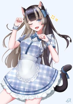 Rule 34 | 1girl, ;d, absurdres, animal ear fluff, animal ears, apron, back bow, black hair, blonde streaks, blue bow, blue bowtie, blue dress, blue eyes, blue ribbon, blunt bangs, blunt ends, bow, bowtie, breasts, buttons, cat ears, cat girl, cat tail, commentary request, cowboy shot, dress, fang, gingham clothes, gingham dress, grey background, hair bow, highres, hime cut, hololive, hololive dev is, juufuutei raden, kail (u2m3i), kemonomimi mode, long hair, looking at viewer, medium breasts, multicolored hair, one eye closed, open mouth, paw pose, puffy short sleeves, puffy sleeves, ribbon, short sleeves, signature, simple background, skin fang, smile, solo, sparkle, standing, streaked hair, tail, tail ornament, tail ribbon, two-tone hair, virtual youtuber, waist apron, white apron, white wrist cuffs, wrist cuffs