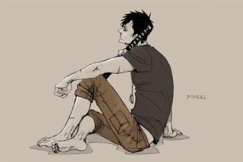 1boy barefoot black_hair character_name closed_mouth commentary commentary_request dixiee72 dog_tags feet full_body gangsta jewelry knees_up male_focus necklace nicolas_brown pants profile shirt short_hair sitting solo sword weapon