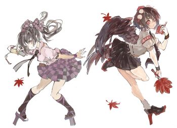 Rule 34 | 2girls, \m/, armband, black hair, book, bow, cellphone, checkered clothes, commentary request, feathered wings, flip phone, geta, hair bow, hat, hauchiwa, himekaidou hatate, kneehighs, konabetate, leaf, looking at viewer, maple leaf, multiple girls, nail polish, necktie, phone, puffy short sleeves, puffy sleeves, purple eyes, purple nails, red eyes, shameimaru aya, short hair, short sleeves, simple background, skirt, socks, tengu, tengu-geta, tokin hat, touhou, twintails, wings