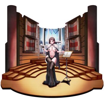 1girl anklet areola_slip bare_shoulders belt between_breasts black_belt black_dress black_footwear black_gloves black_thighhighs bracelet breasts breasts_apart brown_hair collarbone colored_inner_hair column conductor conductor_baton d-log dress earrings evening_gown floral_print flower frills full_body gem gloves grey_shawl grin hair_intakes half_gloves high_heels highres holding_baton indoors instrument jewelry lace lace-trimmed_thighhighs lace_trim large_breasts last_origin linea_alba long_dress looking_at_viewer merlin_(last_origin) multicolored_hair music_stand navel no_bra official_alternate_costume official_art organ_(instrument) pelvic_curtain pillar plunging_neckline red_eyes red_flower red_gemstone red_hair red_rose revealing_clothes rose see-through_clothes see-through_shawl shawl sheet_music short_hair single_glove sitting slit_pupils smile solo stage stool tachi-e thighhighs third-party_source transparent_background two-tone_hair v-shaped_eyebrows wrist_straps