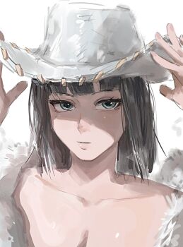 1girl absurdres black_hair blue_eyes blunt_bangs close-up coat cowboy_hat fur-trimmed_coat fur_trim hat highres medium_hair mon_(icebuko) nico_robin one_piece parted_lips simple_background solo white_background white_hat