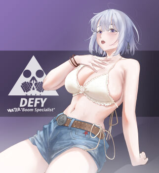 1girl absurdres alternate_costume arm_behind_back arm_support belt bikini bikini_top_only blue_shorts blush bra bracelet breasts brown_belt cleavage collarbone cosplay defy_(girls&#039;_frontline) denim denim_shorts elloinoire english_text feet_out_of_frame girls&#039;_frontline grey_hair hand_on_own_chest highres jewelry kwon_eun-bi kwon_eun-bi_(cosplay) large_breasts leaning_back looking_at_viewer medium_hair navel open_clothes open_mouth purple_background purple_eyes real_life rpk-16_(girls&#039;_frontline) shorts simple_background sitting solo swimsuit underwear white_bra