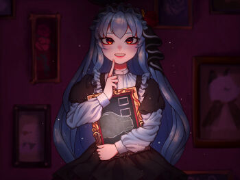 1girl black_dress black_hairband blue_hair commentary_request cowboy_shot double-parted_bangs dress frilled_hairband frills hairband hand_up highres holding holding_picture_frame index_finger_raised long_hair long_sleeves looking_at_viewer okubatomaeba original picture_frame purple_background red_eyes smile solo straight-on