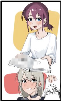 2girls absurdres black_choker blue_eyes blush brown_hair chinese_commentary choker clenched_teeth commentary_request earclip fang girls_band_cry grey_eyes grey_hair haidao_mao highres iseri_nina kawaragi_momoka long_hair low_twintails multiple_girls open_mouth pornography shirt short_hair short_twintails sidelocks sweatdrop teeth twintails upper_teeth_only white_shirt yuri yuri_(object)