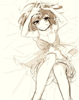 Rule 34 | 1girl, :o, babydoll, bare arms, bare legs, bare shoulders, bloomers, breasts, cleavage, collarbone, commentary request, danganronpa (series), danganronpa v3: killing harmony, dot nose, eyelashes, eyes visible through hair, feet out of frame, gem hair ornament, gomabu (rirurutennsi), greyscale, hair ornament, hair spread out, hairclip, hands on own head, knees up, lace-trimmed babydoll, lace trim, light blush, lying, monochrome, on back, open mouth, short hair, small breasts, spaghetti strap, tearing up, underwear, yumeno himiko