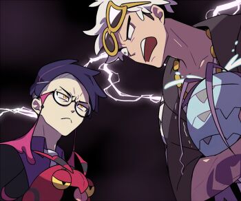 2boys antennae arm_tattoo asymmetrical_eyewear black-framed_eyewear black_eyes black_hair black_jacket bug centipede closed_mouth collared_shirt colored_sclera colored_skin corbeau_(pokemon) eyewear_on_head eyewear_strap gen_5_pokemon gen_7_pokemon grey_skin guzma_(pokemon) isopod jacket long_sleeves male_focus multicolored_hair multicolored_skin multiple_boys necktie nintendo open_clothes open_jacket open_mouth parted_hair pokemon pokemon_legends:_z-a pokemon_sm purple_hair purple_shirt purple_skin red_skin round_eyewear shirt short_hair short_sideburns short_sleeves ssalbulre sunglasses tattoo teeth two-tone_hair two-tone_skin undercut upper_teeth_only venipede white_hair white_necktie white_shirt wimpod yellow-framed_eyewear yellow_eyes yellow_sclera