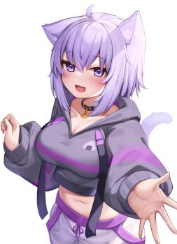 1girl :d ahoge animal_ears black_choker black_hoodie blush breasts cat_ears cat_girl cat_tail choker commentary_request cropped_hoodie deaver fang hair_between_eyes highres hololive hood hoodie large_breasts long_sleeves looking_at_viewer medium_hair midriff navel nekomata_okayu nekomata_okayu_(1st_costume) open_mouth outstretched_arms pants puffy_long_sleeves puffy_sleeves purple_eyes purple_hair simple_background smile solo tail tail_raised virtual_youtuber white_background white_pants
