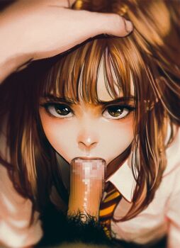 1boy 1girl aged_down black_hair brown_eyes brown_hair censored collared_shirt dress_shirt emma_watson fellatio hand_on_another's_head harry_potter_(series) hermione_granger hetero higashiyama_shou highres loli long_hair looking_at_viewer male_pubic_hair mosaic_censoring necktie oral penis pov pov_crotch pov_hands pubic_hair red_necktie school_uniform shirt solo_focus striped_necktie white_shirt wizarding_world yellow_necktie