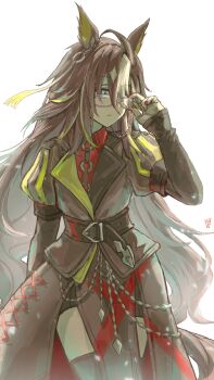 1girl absurdres adjusting_eyewear animal_ears belt black_belt black_coat black_thighhighs blonde_streaks brown_hair coat colored_inner_animal_ears commentary dream_journey_(reminder_of_dreamland)_(umamusume) dream_journey_(umamusume) eyewear_strap glasses highres horse_ears horse_girl horse_tail jewelry long_hair multicolored_hair multiple_rings ootato pelvic_curtain ring simple_background single_hair_intake solo streaked_hair tail thighhighs umamusume white_background white_streaks