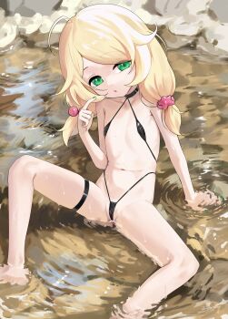 1girl absurdres ahoge barefoot black_slingshot_swimsuit blonde_hair commentary_request commission flat_chest green_eyes green_nails highres honashi idolmaster idolmaster_cinderella_girls loli low_twintails nail_polish navel open_mouth pixiv_commission pointing pointing_at_self shallow_water sitting slingshot_swimsuit solo spread_legs swimsuit thigh_strap twintails water yusa_kozue