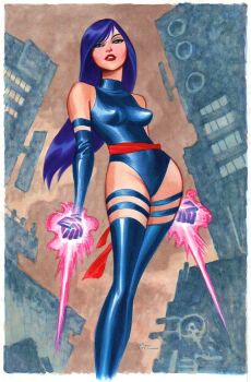 Rule 34 | 1girl, artist name, blue hair, blue leotard, border, breasts, bruce timm, building, butterfly cutout, cityscape, energy sword, halter leotard, halterneck, highleg, highleg leotard, highres, holding, holding sword, holding weapon, leotard, long hair, magazine scan, marvel, pinup (style), psylocke, purple leotard, sash, scan, scan artifacts, signature, skyscraper, solo, superhero costume, sword, third-party source, traditional media, waist sash, weapon, white border, x-men