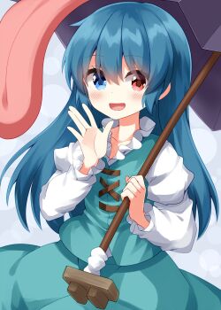 1girl :d \||/ alternate_hair_length alternate_hairstyle blue_eyes blue_hair blue_skirt blue_vest blush commentary_request cowboy_shot heterochromia highres holding holding_umbrella juliet_sleeves karakasa_obake long_hair long_sleeves looking_at_viewer open_mouth puffy_sleeves purple_umbrella red_eyes ruu_(tksymkw) shirt skirt skirt_set smile solo tatara_kogasa touhou umbrella vest white_shirt