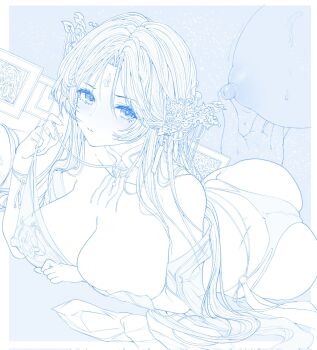 1girl arm_under_breasts arm_up ass azur_lane bare_shoulders bed_sheet blue_background blush bra_aside breasts brest_(azur_lane) brest_(moonlit_night's_spring_vista)_(azur_lane) cleavage close-up closed_mouth collarbone commander_kei commentary_request detached_collar earrings elf facial_mark finger_on_nipple fingernails forehead_mark hair_ornament high-waist_panties highres huge_ass jewelry large_breasts lineart long_fingernails long_hair long_pointy_ears looking_at_viewer lying motion_lines multiple_views nipples official_alternate_costume on_bed on_stomach pointy_ears revealing_clothes see-through_clothes shawl sidelocks single_earring solo string sweatdrop underwear undressing very_long_hair white_background