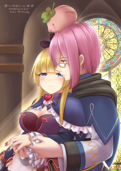 Rule 34 | 1boy, 1girl, blonde hair, blue capelet, blunt bangs, blush, bow, bowtie, breasts, brooch, capelet, church, cleavage, closed mouth, commentary request, dress, fingernails, frilled capelet, frills, glasses, grey-framed eyewear, heart, heart brooch, hetero, highres, indoors, jewelry, large breasts, long hair, long sleeves, marriage proposal, piglet, pink hair, purple bow, purple bowtie, purple dress, purple nails, ragnarok masters, ragnarok online, ring, sakuraji tomoka, savage babe, shirt, short hair, smile, stained glass, upper body, white shirt