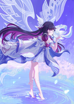1girl absurdres artist_name bare_shoulders barefoot bear_minstrel black_hair closed_eyes closed_mouth columbina_(genshin_impact) commentary_request dated dress eye_mask genshin_impact hair_ornament hand_up highres leaning_forward long_hair long_sidelocks luonnotar_(genshin_impact) mask multicolored_hair on_water purple_hair ripples sidelocks smile solo standing standing_on_liquid very_long_hair water white_dress wing_hair_ornament wings