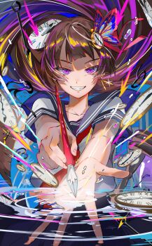 1girl analog_clock black_sailor_collar black_skirt brown_hair butterfly_hair_ornament clock clock_hair_ornament clock_hands collarbone commentary_request cowboy_shot earrings fingernails floating floating_clothes floating_hair floating_object foreshortening glint grin hair_ornament highres holding holding_pen jewelry long_hair looking_at_viewer multicolored_hair multiple_earrings neckerchief nib_pen_(object) open_mouth original outstretched_arms pen pocket_watch purple_eyes red_neckerchief ripples rnp_02 sailor_collar school_uniform shirt short_sleeves skirt smile solo spread_fingers straight-on streaked_hair v-shaped_eyebrows watch white_shirt