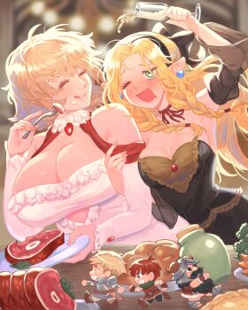 2girls 3boys beard black_dress blonde_hair breasts chilchuck_tims cleavage cup detached_sleeves dress drinking_glass drunk dungeon_meshi eating elf facial_hair fake_horns falin_touden falin_touden_(tallman) feather_trim food goldfishu helmet highres horned_helmet horns huge_breasts laios_touden locked_arms marcille_donato meat medium_breasts mini_person multiple_boys multiple_girls official_alternate_costume pointy_ears red_shawl senshi_(dungeon_meshi) shawl strapless strapless_dress white_dress wine_glass