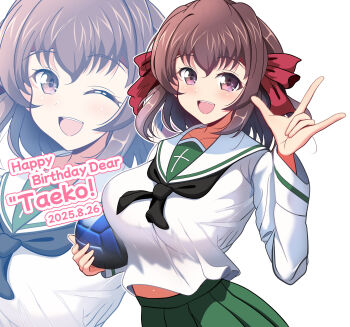 1girl :d ;d absurdres ball blush breasts brown_hair collarbone commentary_request dated girls_und_panzer gratin_(kumaisao) green_skirt hair_between_eyes hair_ribbon happy_birthday highres holding holding_ball kondou_taeko large_breasts long_sleeves looking_at_viewer medium_hair midriff_peek one_eye_closed ooarai_school_uniform open_mouth pleated_skirt red_ribbon ribbon school_uniform serafuku shirt sidelocks skirt smile teeth upper_teeth_only volleyball white_background white_serafuku white_shirt zoom_layer
