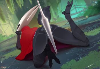 1girl animated animated_gif arthropod_girl artist_name ass bench black_eyes black_skin bug cloak colored_skin foot_up full_body girok hollow_eyes hollow_knight hollow_knight:_silksong horned_mask hornet_(hollow_knight) horns lying mask meme needle_(hollow_knight) on_stomach outdoors red_cloak shiny_skin solo weapon white_mask