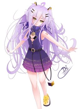 1girl absurdres arm_tattoo belt belt_buckle black_bra bra buckle cleavage_cutout clothes_writing clothing_cutout colored_skin crocs cube dress hair_between_eyes hair_ornament henya_the_genius henya_the_genius_(1st_costume) highres long_bangs long_hair purple_dress purple_ribbon ribbon rubik's_cube shihir09 shoes sleeveless sleeveless_dress solo tattoo underwear very_long_hair virtual_youtuber vshojo white_background white_hair white_skin yellow_eyes yellow_shoes zipper_pull_tab