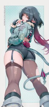 1girl absurdres animal_ears ass black_hair green_eyes highres jane_doe_(zenless_zone_zero) licking_finger mouse_girl reikarts tail thick_thighs thighs tongue tongue_out zenless_zone_zero