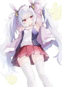 1girl :o animal_ears arm_up azur_lane blue_camisole camisole commentary_request fake_animal_ears flat_chest hairband hand_on_own_arm highres jacket laffey_(azur_lane) long_hair long_sleeves looking_at_viewer open_clothes open_jacket open_mouth phos_phos pink_jacket pleated_skirt rabbit_ears red_eyes red_hairband red_skirt simple_background skirt solo thighhighs twintails two-tone_camisole very_long_hair white_background white_camisole white_hair white_thighhighs