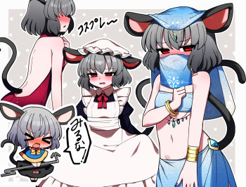 1girl absurdres animal_ears black_dress blue_hat blue_skirt blush chibi closed_eyes dress grey_hair hat highres long_sleeves mask mouse_ears mouth_mask multiple_views navel nazrin neck_ribbon open_mouth red_eyes red_ribbon ribbon short_hair skirt tail touhou white_hat you_(noanoamoemoe)
