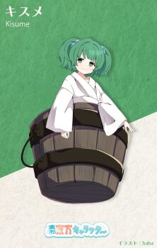 Rule 34 | 1girl, absurdres, artist name, baba (baba seimaijo), bucket, character name, closed mouth, commentary request, green eyes, green hair, hair bobbles, hair ornament, highres, in bucket, in container, kisume, long sleeves, looking at viewer, second-party source, short hair, smile, solo, touhou, two side up, wide sleeves, wooden bucket