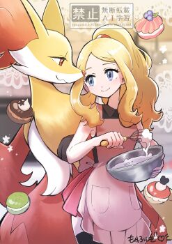 1girl absurdres apron black_thighhighs blonde_hair blue_eyes blurry blurry_background bowl closed_mouth collared_shirt commentary_request delphox eyelashes gen_6_pokemon highres holding holding_bowl holding_whisk long_hair mixing_bowl mocha_fushigi nintendo parted_bangs pink_apron pleated_skirt pokemon pokemon_(creature) pokemon_xy ponytail red_skirt serena_(pokemon) shirt sidelocks skirt sleeveless sleeveless_shirt smile thighhighs watermark whipped_cream whisk