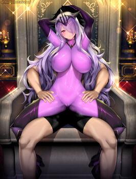 1boy 1girl arms_up black_shorts blush bodysuit breasts cameltoe camilla_(fire_emblem) camilla_(light_of_nohr)_(fire_emblem) camilla_(light_of_nohr)_(resplendent)_(fire_emblem) candle closed_mouth elbow_gloves fire_emblem fire_emblem_fates fire_emblem_heroes gloves hair_over_one_eye highres impossible_bodysuit impossible_clothes kashiwamochi_yomogi large_breasts long_hair navel nintendo official_alternate_costume pink_eyes purple_bodysuit purple_eyes purple_gloves purple_hair shorts sitting sitting_on_throne skin_tight sparkle throne tiara very_long_hair wavy_hair