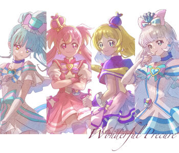 Rule 34 | 4girls, :3, animal ear hairband, animal ears, aqua bow, aqua hair, aqua hat, arched crown, arm warmers, bare shoulders, blonde hair, blue choker, blue crown, blue eyes, bow, bow earrings, braid, bright pupils, brooch, butterfly earrings, capelet, chest bow, choker, closed mouth, colored tips, commentary, cropped legs, crossed arms, crown, crown earrings, cure friendy, cure lillian, cure nyammy, cure wonderful, cursive, deerstalker, dress, dress bow, earrings, english text, fake animal ears, finger to own chin, frilled arm warmers, frilled dress, frills, gold hairband, hair bow, hairband, hat, hat ornament, heart, heart brooch, heart hat ornament, index finger raised, inukai iroha, inukai komugi, jewelry, layered dress, long hair, looking at viewer, looking back, low twin braids, magical girl, medium dress, mini crown, mini hat, mini top hat, multicolored bow, multicolored hair, multiple girls, nekoyashiki mayu, nekoyashiki yuki, off-shoulder dress, off shoulder, pact holder, pantyhose, pearl earrings, petticoat, pink bow, pink capelet, pink crown, pink dress, pink hair, pink pantyhose, pink wrist cuffs, ponytail, pouch, precure, puffy short sleeves, puffy sleeves, purple bow, purple capelet, purple dress, purple eyes, purple hairband, purple hat, purple wrist cuffs, shiny cats pact, short dress, short sleeves, side ponytail, sleeveless, sleeveless dress, striped bow, striped clothes, striped pantyhose, tilted headwear, top hat, twin braids, two-tone hair, two-tone pantyhose, two side up, very long hair, white arm warmers, white background, white bow, white dress, white hair, wonderful pact, wonderful precure!, wonderful tanaka, wrist cuffs, yellow pantyhose, yellow pupils