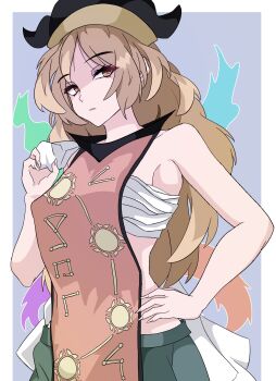 Rule 34 | 1girl, absurdres, blonde hair, chest sarashi, commentary, expressionless, green skirt, hand on own hip, hat, highres, holding, holding shirt, holding unworn clothes, kakineko, long hair, looking at viewer, matara okina, orange tabard, parted bangs, parted lips, sarashi, shirt, skirt, solo, symbol-only commentary, tabard, touhou, unworn shirt, upper body, yellow eyes