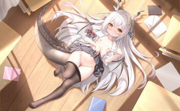 Rule 34 | 1girl, absurdres, antlers, black pantyhose, blush, brown eyes, chair, checkered clothes, checkered skirt, closed mouth, clothes lift, clothes pull, commentary request, desk, dragon girl, dragon tail, dragon wings, flat chest, full-face blush, full body, gluteal fold, highres, horns, knee up, large variant set, licking lips, long hair, lying, navel, nipples, notebook, on back, on floor, original, pantyhose, pantyhose pull, pussy, qian hen, school chair, school desk, school uniform, shirt, skirt, skirt lift, smile, solo, tail, toes, tongue, tongue out, variant set, very long hair, white hair, white shirt, wings