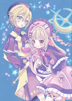 1boy 1girl 1me7nkc ascot black_ascot black_capelet black_hat black_ribbon black_shirt black_shorts black_sleeves blonde_hair blue_background blunt_bangs blush bonnet bow brooch capelet chinstrap closed_mouth collared_shirt colored_inner_hair crescent_wand dress drill_hair flipped_hair frilled_bonnet frilled_capelet frilled_dress frilled_sleeves frills full_body green_eyes grey_hair hair_between_eyes hair_intakes hair_ornament hair_ribbon hat heart heart_brooch heart_wand highres holding holding_wand jewelry long_hair long_sleeves magical_boy magical_girl makaino_ririmu multicolored_hair neck_ribbon nijisanji official_alternate_costume official_alternate_hairstyle open_mouth petticoat pink_bow pink_dress pink_hair pink_ribbon pink_streaks pointy_ears puffy_long_sleeves puffy_sleeves red_eyes red_ribbon ribbon shirt short_hair shorts sidelocks socks standing standing_on_one_leg star-shaped_pupils star_(symbol) star_symbol_background streaked_hair symbol-shaped_pupils two-handed two-tone_hair two_side_up uzuki_kou vest virtual_youtuber wand white_ribbon white_socks winged_heart x_hair_ornament yellow_vest