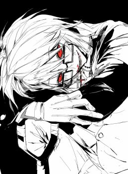 Rule 34 | 1boy, black background, blood, colored sclera, cross, cross necklace, glasses, gloves, grin, highres, jacket, jewelry, kmkmk 04913, knee up, looking at viewer, male focus, mouth hold, necklace, necklace in mouth, nosebleed, randal's friends, randal ivory, red sclera, short hair, shovel, simple background, smile, solo, spot color