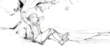 1girl arms_behind_head bug butterfly buttons center_frills collared_shirt crossed_legs david_revoy frilled_shirt frills hair_behind_ear hat highres insect leg_warmers long_sleeves medium_hair monochrome mountain on_tree outdoors pepper&amp;carrot pepper_(pepper&amp;carrot) shirt shoes sidelocks sitting smile solo tree vest witch_hat