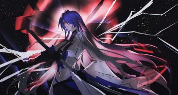 1girl acheron_(honkai:_star_rail) black_hole choker crack gloves hair_over_one_eye hashtag-only_commentary highres holding holding_sword holding_weapon honkai:_star_rail honkai_(series) jacket long_hair open_clothes open_jacket purple_eyes purple_hair red_eyes scabbard sheath star_(sky) sword tears theazureciel unsheathing very_long_hair weapon