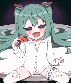 1girl absurdres aqua_hair black_sclera blush card censored colored_sclera commentary drooling english_commentary flat_chest frilled_thigh_strap hatsune_miku heart heart_censor highres holding holding_card loli long_hair long_sleeves looking_at_viewer mesugaki mimukauwa_nice_try_(vocaloid) mouth_drool open_mouth playing_card pussy shirt sitting solo spread_legs thigh_strap thighhighs twintails uno_(game) vocaloid white_shirt white_thighhighs zing_(z_z_zing)