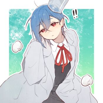 ! !! 1girl aged_down beaker blue_hair border coat collared_shirt commentary crossed_bangs earrings hair_between_eyes hand_up jewelry lab_coat lapels looking_at_viewer love_live! love_live!_superstar!! neck_ribbon notched_lapels outline parted_lips red_eyes red_ribbon ribbon school_uniform shirt sleeves_past_fingers sleeves_past_wrists solo wakana_shiki white_border white_coat white_outline wing_collar yuigaoka_school_uniform yumi_xsh