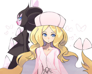 Rule 34 | 1girl, blonde hair, blue eyes, bow, bug, butterfly, caitlin (pokemon), colored skin, dress, expressionless, gen 5 pokemon, gothitelle, hair ornament, half-closed eyes, highres, insect, long hair, looking at viewer, low-cut, nintendo, orisghost, parted bangs, pink dress, pink lips, pokemon, pokemon (creature), pokemon bw, profile, purple skin, sideways glance, thick lips, upper body, very long hair, white bow