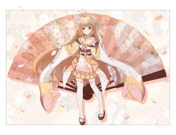 1girl absurdres blonde_hair commentary_request cumianjun flower frilled_skirt frills hair_flower hair_ornament highres japanese_clothes lolita_fashion long_hair obi okobo orange_eyes original petals platform_sandals reference_sheet sandals sash skirt smile thighhighs wa_lolita white_thighhighs wide_sleeves