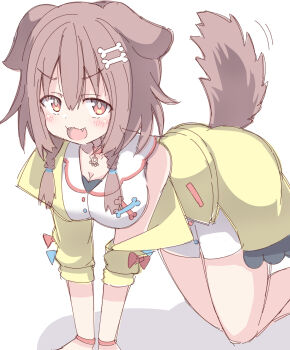 1girl :d all_fours animal_ears bare_shoulders blush bone_hair_ornament braid breasts cartoon_bone cleavage collar commentary_request dog_ears dog_girl dog_tail dress fangs feet_out_of_frame hair_ornament hair_over_shoulder highres hololive inugami_korone inugami_korone_(1st_costume) jacket looking_at_viewer medium_breasts motion_lines off_shoulder open_mouth red_collar red_eyes shadow simple_background sleeveless sleeveless_dress smile solo tail twin_braids umberblack v-shaped_eyebrows virtual_youtuber white_background white_dress yellow_jacket