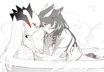 Rule 34 | 2girls, absurdres, ajiajia1104, animal ears, arknights, bath, bathtub, bird ears, breasts, chinese commentary, commentary, dragon horns, english commentary, feather hair ornament, feathers, greyscale, hair ornament, highres, horns, long hair, material growth, mixed-language commentary, monochrome, multiple girls, nail polish, nude, orange eyes, oripathy lesion (arknights), same-sex bathing, saria (arknights), shared bathing, silence (arknights), spot color, steam, wet, yellow eyes, yuri