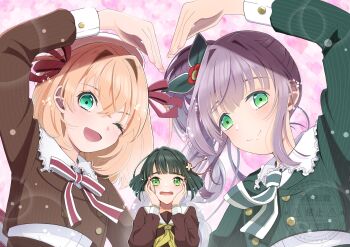 Rule 34 | 3girls, ;d, absurdres, aqua eyes, black hair, blunt bangs, blunt ends, blush, bob cut, brown dress, brown jacket, cerise bouquet, closed mouth, collared shirt, commentary, cropped jacket, dress, dress shirt, flower, flower knot, fortune movie (love live!), frilled shirt collar, frills, green eyes, green jacket, green necktie, hair bun, hair flower, hair intakes, hair ornament, hair ribbon, hands on own cheeks, hands on own face, hasu no sora school uniform, heart, heart arms, heart arms duo, heart background, highres, hinoshita kaho, ichi oekaki, jacket, link! like! love live!, long hair, long sleeves, looking at viewer, love live!, medium hair, momose ginko, multiple girls, neck ribbon, neckerchief, necktie, one eye closed, open mouth, orange hair, otomune kozue, pink background, pinstripe jacket, pinstripe pattern, purple hair, red flower, red ribbon, ribbon, sailor collar, sailor dress, school uniform, shirt, short hair, side ponytail, sidelocks, single side bun, smile, split mouth, square-end necktie, striped clothes, striped ribbon, two side up, upper body, vertical-striped clothes, vertical-striped necktie, virtual youtuber, watermark, white flower, white sailor collar, white shirt, winter uniform, yellow neckerchief