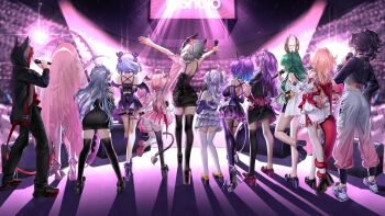 1boy 6+girls absurdres ahoge animal_ear_hood animal_ears antlers apricot_the_lich arms_behind_back arthropod_girl arthropod_limbs ass black_dress black_hair black_hoodie black_jacket black_pants black_skirt black_thighhighs blonde_hair blue_hair bow breasts cockroach_girl colored_tips deer_ears demon_girl demon_horns demon_tail dress fake_animal_ears fishnet_pantyhose fishnets footwear_bow frilled_dress frilled_skirt frills from_behind general_geega gradient_pants green_hair grey_hair hair_ornament haruka_karibu haruka_karibu_(1st_costume) head_wings headgear heart heart_ahoge henya_the_genius high_heels highres hime_hajime holding holding_microphone hood hoodie horns huge_ahoge ironmouse jacket kson kuro_kurenai kuro_kurenai_(1st_costume) long_hair matara_kan median_furrow melody_(projektmelody) michi_mochievee microphone mismatched_thighhighs multicolored_hair multiple_girls pants pantyhose pink_hair pink_shoes pink_skirt platform_footwear pointy_ears purple_bow purple_hair purple_thighhighs red_bow red_footwear red_hair reindeer_antlers reindeer_girl ringeko-chan shadow shoes short_hair single_thighhigh skirt sneakers sparkle_print stage streaked_hair tail thighhighs very_long_hair virtual_youtuber vshojo white_dress white_footwear white_horns white_pants white_thighhighs wings yellow_shoes zentreya